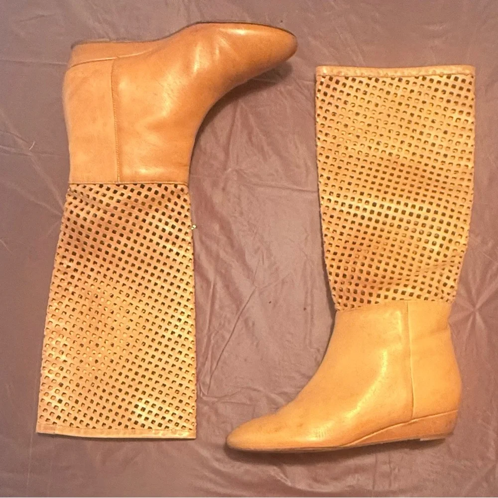 Loeffler Randall Brown Perforated Wedge Heel Knee High Riding Boots Size 6 $498